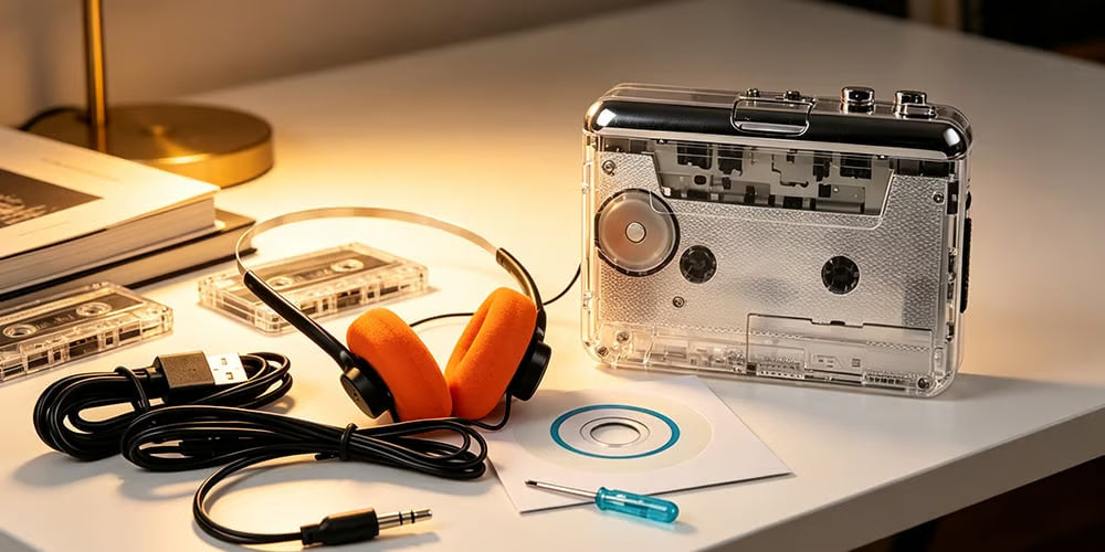 Transparent Portable Stereo Cassette Player with MP3/WAV Converter