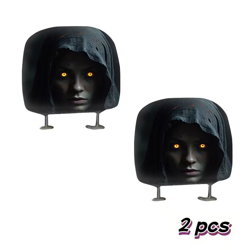 2pcs Modern Style Hooded Bright-Eyed Mysterious Portrait Pattern Car Headrest Covers