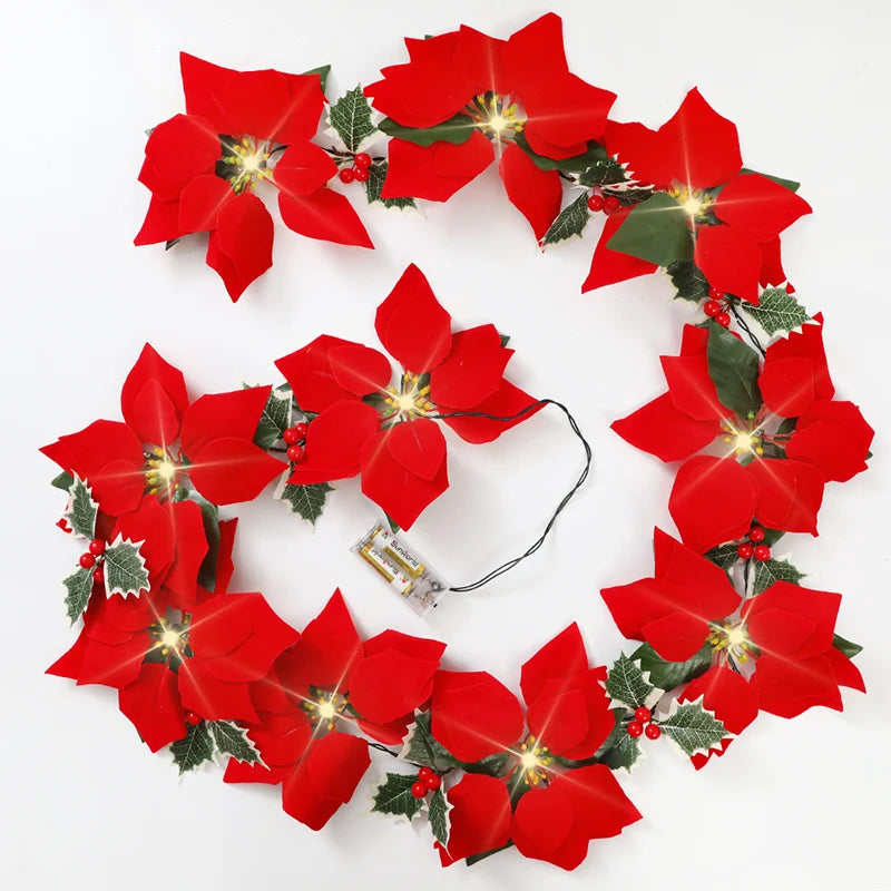 Light-Up Poinsettia Christmas Garland – Warm Festive Glow Without a Wall Socket