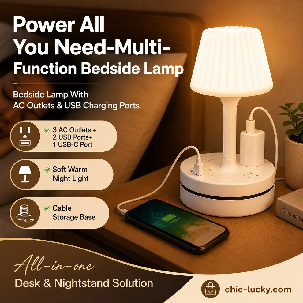 🎁💡 Bedside Lamp with AC Outlets and USB Ports