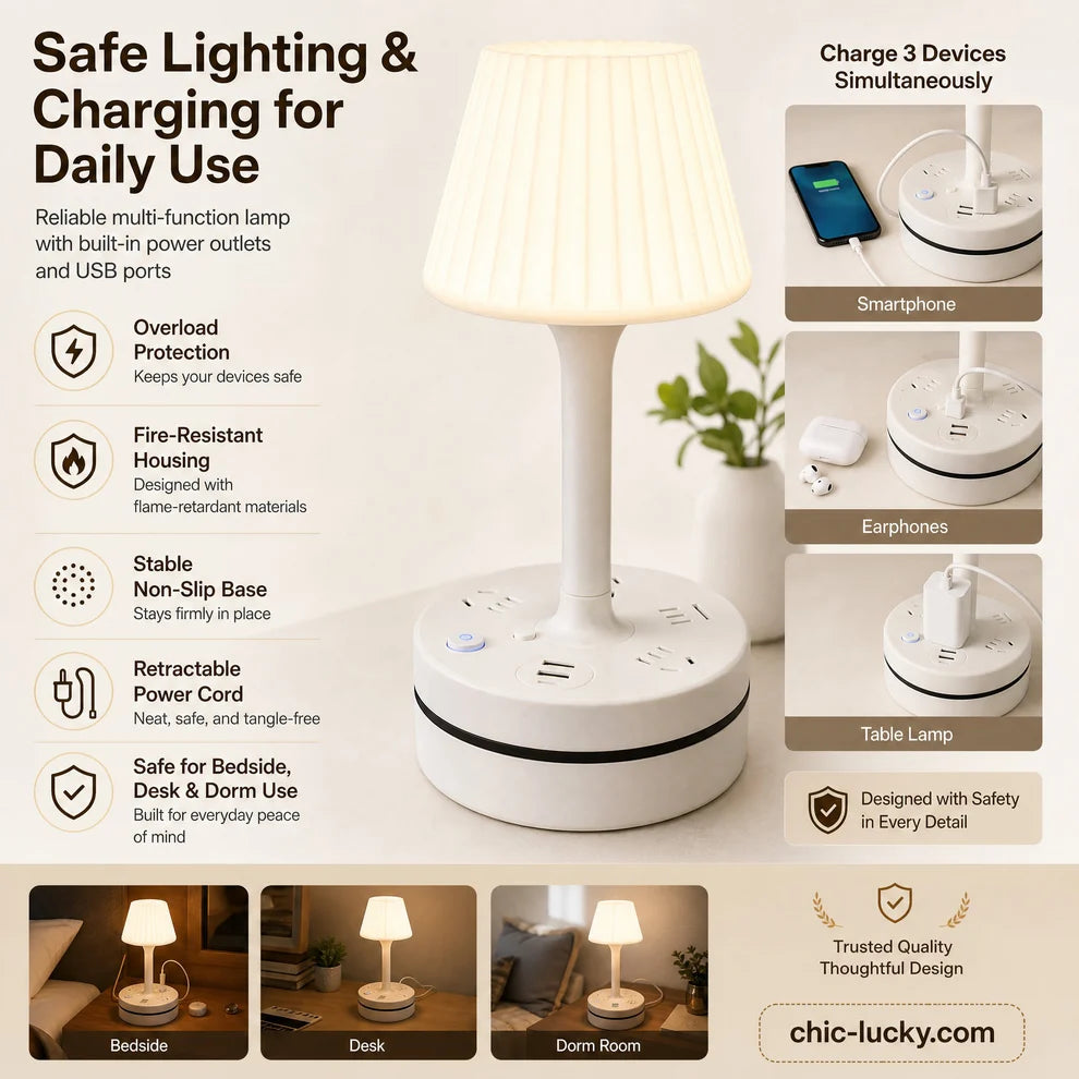 🎁💡 Bedside Lamp with AC Outlets and USB Ports