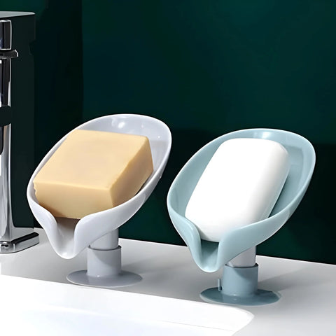 leaf-shape self-draining soap dish holders with suction cups.