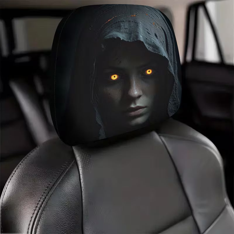 2pcs Modern Style Hooded Bright-Eyed Mysterious Portrait Pattern Car Headrest Covers