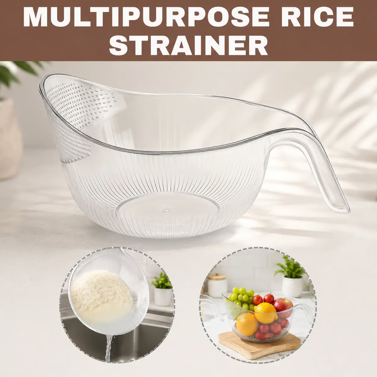 Multi-Functional Rice Strainer with Handle, BPA-Free Kitchen Colander