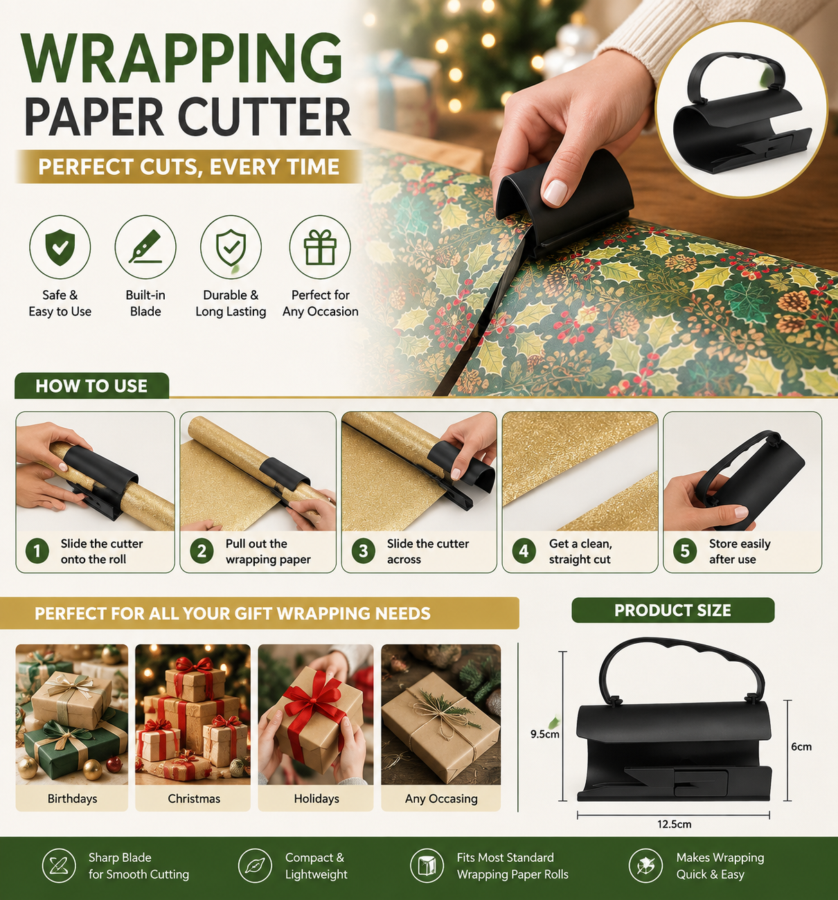New Style Wrapping Paper Cutter – Helps Cut Straight & Clean, Hidden Blade Design, for Wrapping Paper Rolls 🎁