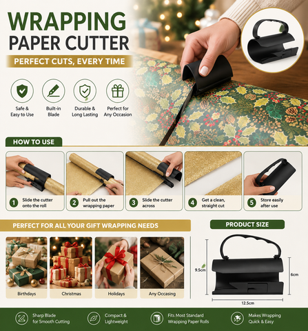 New Style Wrapping Paper Cutter – Helps Cut Straight & Clean, Hidden Blade Design, for Wrapping Paper Rolls 🎁