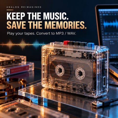 Transparent Portable Stereo Cassette Player with MP3/WAV Converter