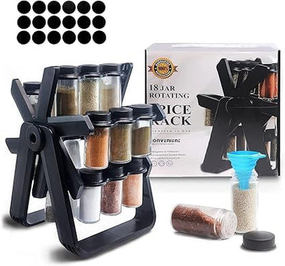 Rotating Spice Rack Organizer with 18 Glass Spice Jars,