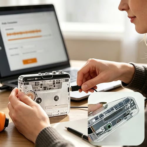 Transparent Portable Stereo Cassette Player with MP3/WAV Converter
