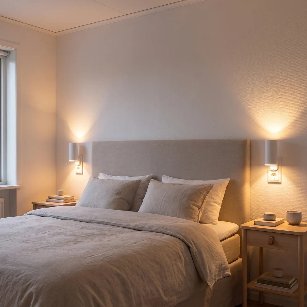 ✨Plug-In Dusk-to-Dawn Wall Light – 3000K Warm Up & Down Night Light with Pass-Through Socket