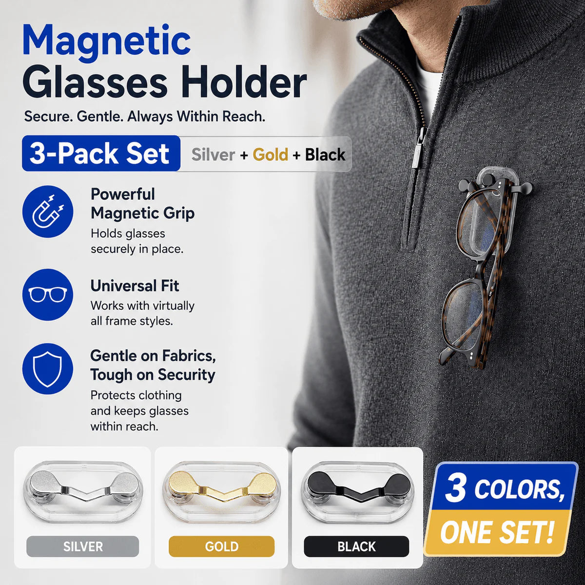 Pack Of 3 Magnetic Eyeglass Holder Clip – Glasses, Sunglasses, ID Badge & Headphone Holder