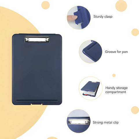 A4 size plastic clipboard with a built-in storage box.