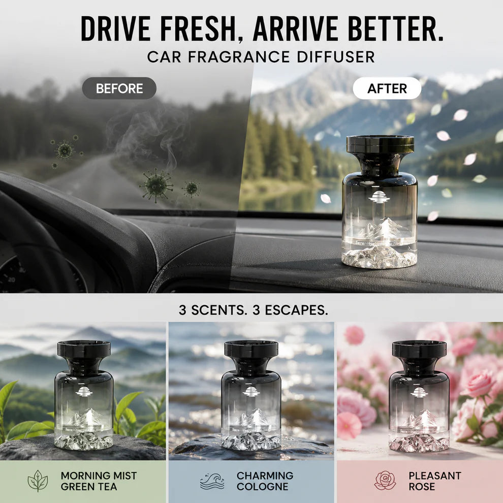 Long-Lasting Car Air Freshener – Natural plant extracts, eliminates smoke & pet odours. Weeks of freshness. Mountain design. Breath easy! 💨✨