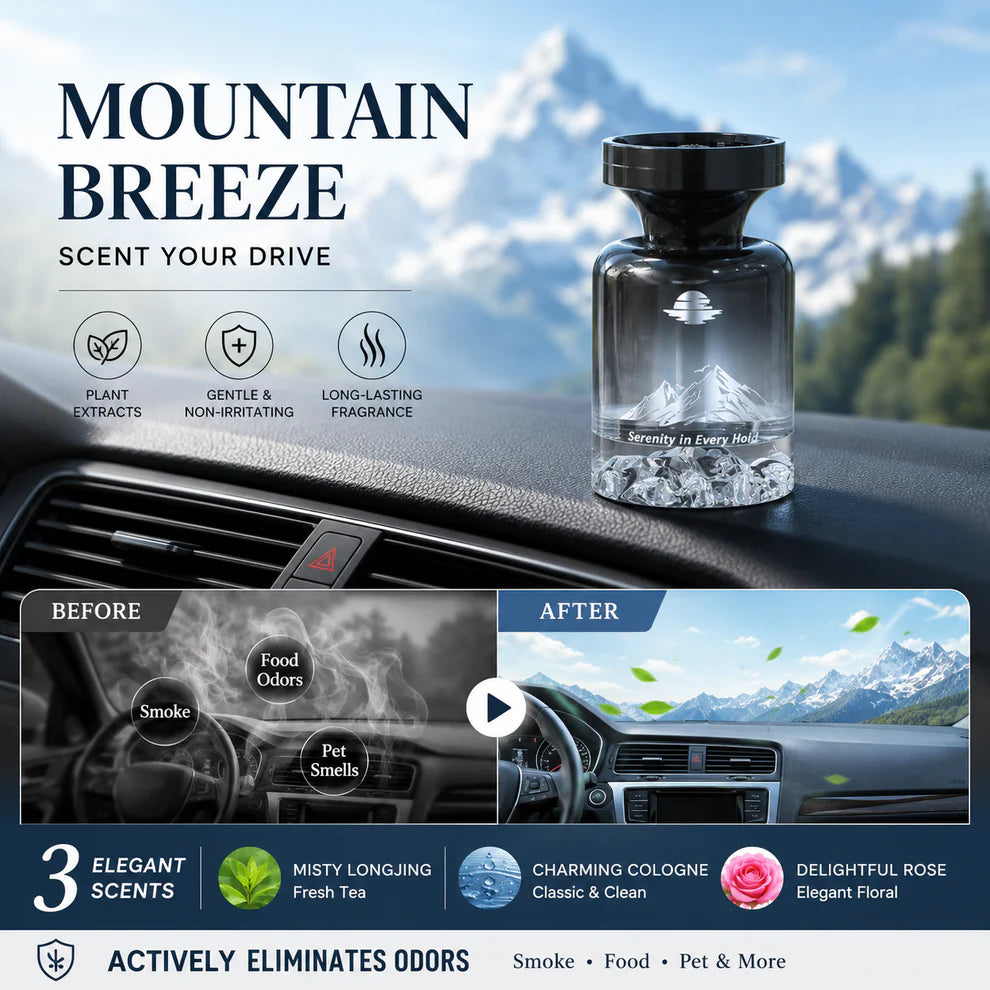 Long-Lasting Car Air Freshener – Natural plant extracts, eliminates smoke & pet odours. Weeks of freshness. Mountain design. Breath easy! 💨✨