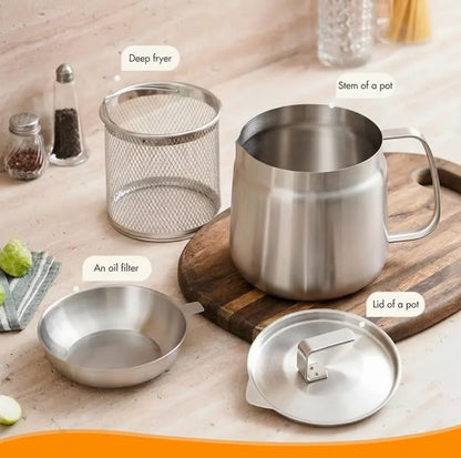 68oz 201 Stainless Steel Deep Fryer Pot with Basket & Strainer, Large Capacity Bacon Grease Container for Kitchen,Frying, Cooking, Camping,Oil Filter Container - Dishwasher Safe