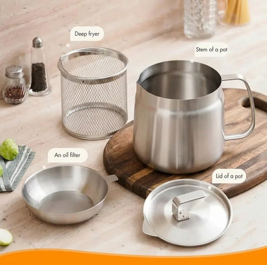 68oz 201 Stainless Steel Deep Fryer Pot with Basket & Strainer, Large Capacity Bacon Grease Container for Kitchen,Frying, Cooking, Camping,Oil Filter Container - Dishwasher Safe