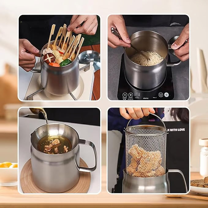68oz 201 Stainless Steel Deep Fryer Pot with Basket & Strainer, Large Capacity Bacon Grease Container for Kitchen,Frying, Cooking, Camping,Oil Filter Container - Dishwasher Safe