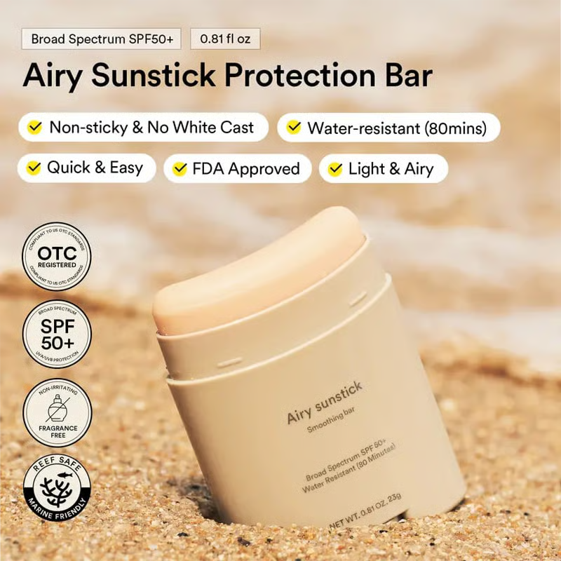 Airy Sunstick Smoothing Bar SPF50 (Single/Duo) | Matt Finish, Non-Sticky Sun Protection for Face and Body, Long-lasting, UV Protector sunscreen(0.81 oz)