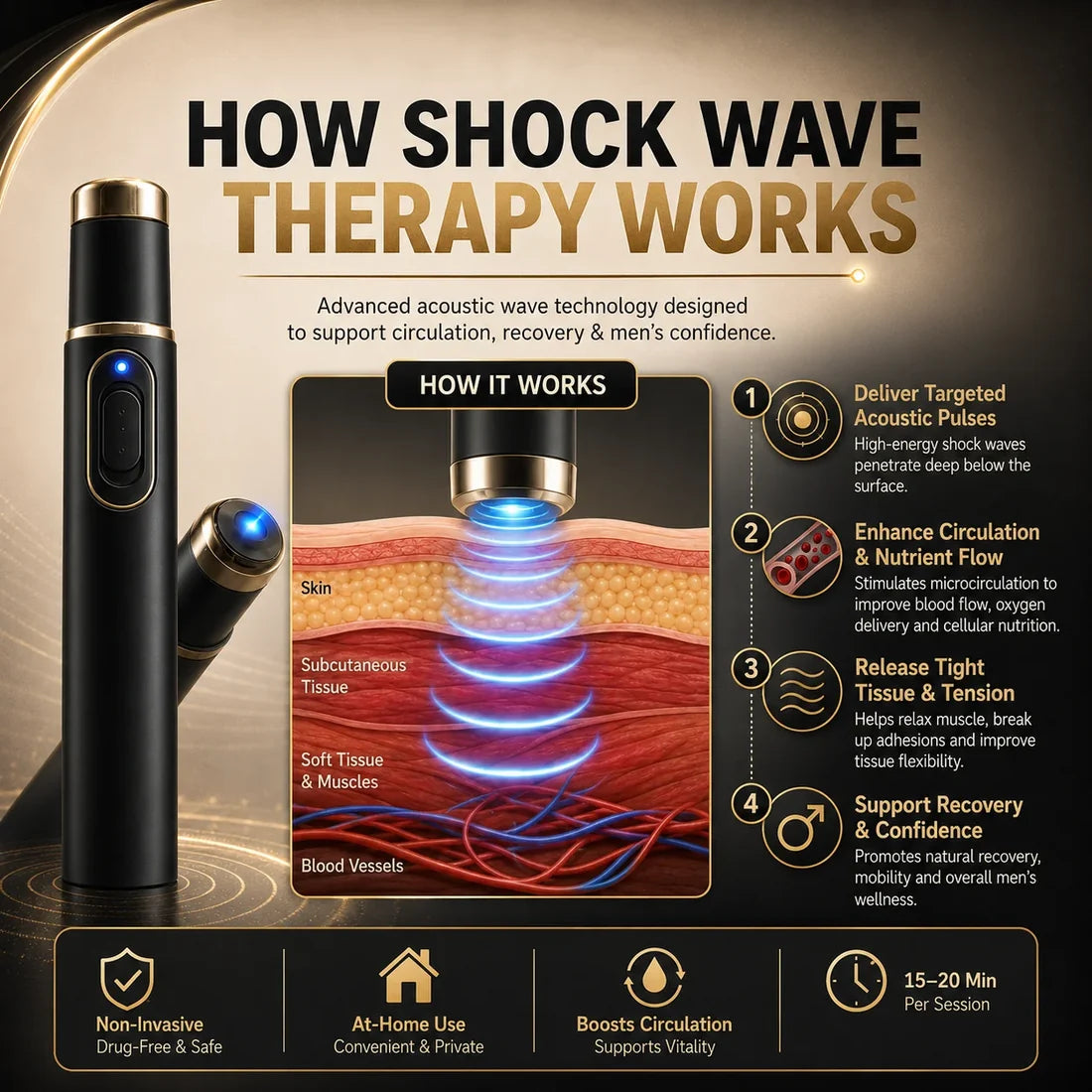 Advanced Acoustic Shockwave Therapy restores penile tissue health to enhance rise rigidity, stamina, and male performance confidence, relieving muscle pain, joint stiffness, tendon discomfort📈
