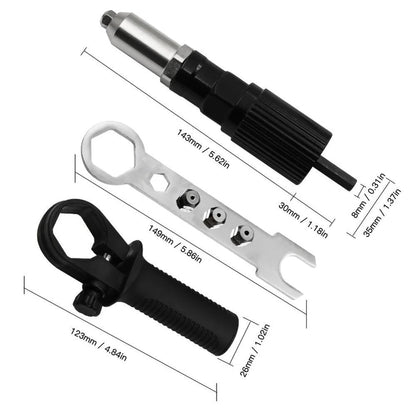 Professional rivet gun adapter kit with 4 different and assorted nozzle bolts