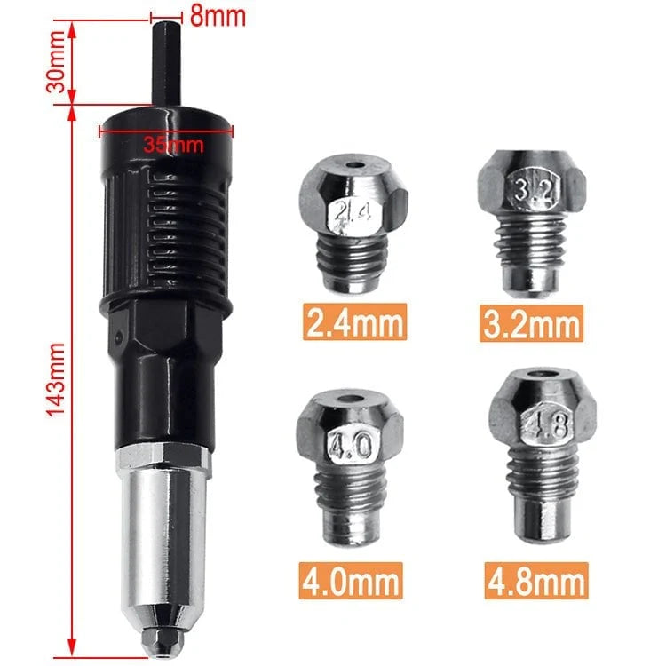 Professional rivet gun adapter kit with 4 different and assorted nozzle bolts