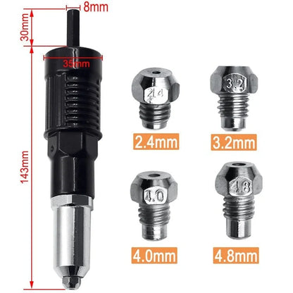 Professional rivet gun adapter kit with 4 different and assorted nozzle bolts