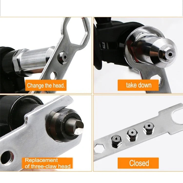 Professional rivet gun adapter kit with 4 different and assorted nozzle bolts