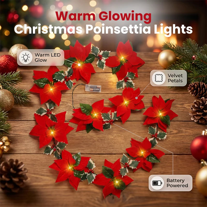 Light-Up Poinsettia Christmas Garland – Warm Festive Glow Without a Wall Socket