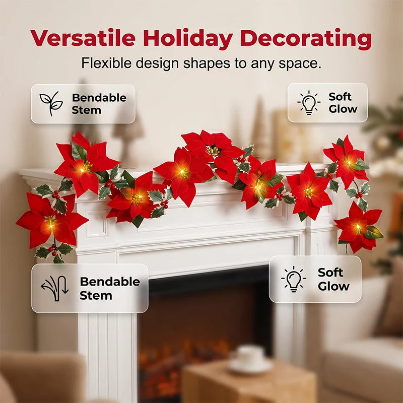 Light-Up Poinsettia Christmas Garland – Warm Festive Glow Without a Wall Socket