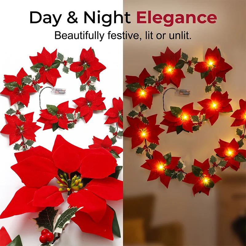 Light-Up Poinsettia Christmas Garland – Warm Festive Glow Without a Wall Socket