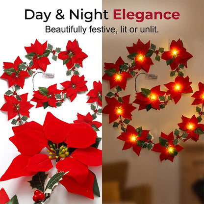 Light-Up Poinsettia Christmas Garland – Warm Festive Glow Without a Wall Socket