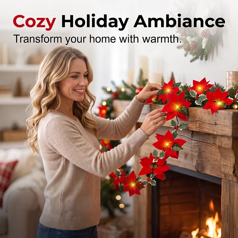 Light-Up Poinsettia Christmas Garland – Warm Festive Glow Without a Wall Socket