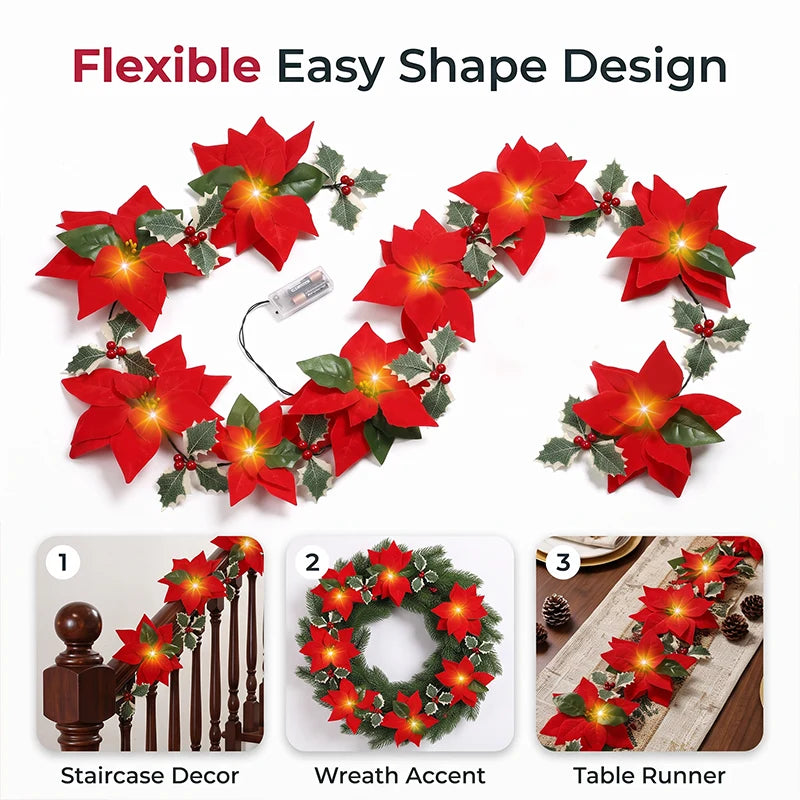 Light-Up Poinsettia Christmas Garland – Warm Festive Glow Without a Wall Socket