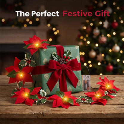 Light-Up Poinsettia Christmas Garland – Warm Festive Glow Without a Wall Socket
